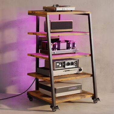 Стеллаж для Hi-Fi апаратури з коліщатками, стіл для програвачів з розетками, LED-підсвічуванням та регульованими полицями. Металевий стійка для аудіо- та стереосистем, 60 x 52 x 110 см