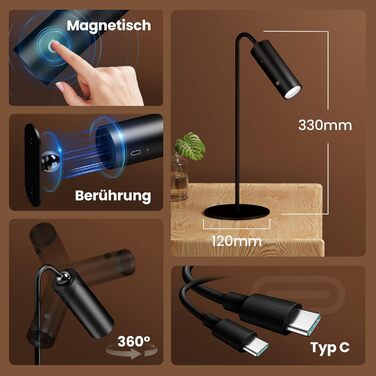 EMKE LED бездротова настільна лампа, біла, USB, диммована, сенсорна, магнітна, знімна, 360° регулювання, для читання, компактна
