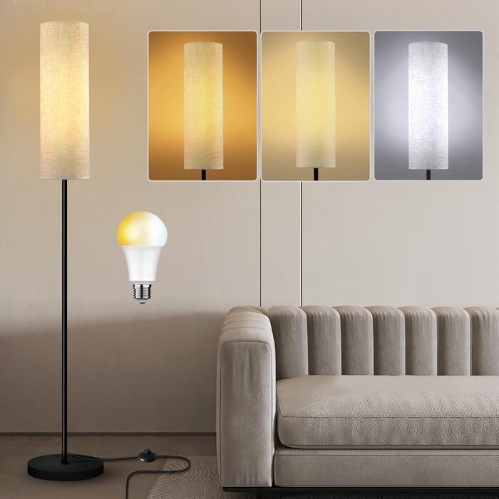 Сучасна LED торшерна лампа Hzitcigm для вітальні та спальні, 175 см, 12W, E27, з 3 режимами освітлення, лляний абажур, ретро дизайн, з ножним вимикачем