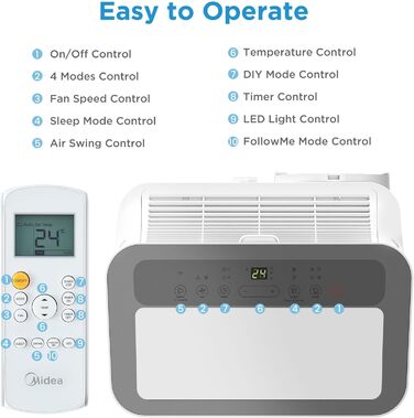 Мобільний кондиціонер Midea Silent Cool 26 Pro WF 9000 BTU, 2,6 кВт, для приміщень до 33 м², охолодження, вентиляція, осушення, з Wi-Fi, керування через додаток, Alexa, Google Home, IFTTT, з відвідним шлангом