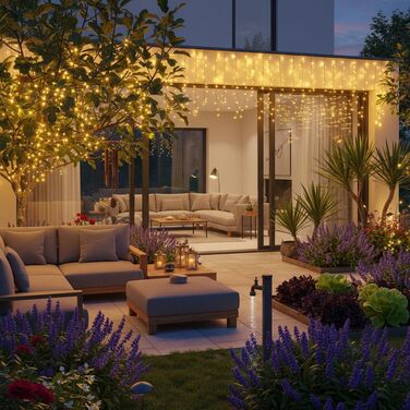 Світлодіодна гірлянда для вулиці та дому 25м 200 LED, теплий білий колір, 8 режимів роботи, з пультом та таймером, водонепроникна IP44, різдвяна ілюмінація для балкона та саду