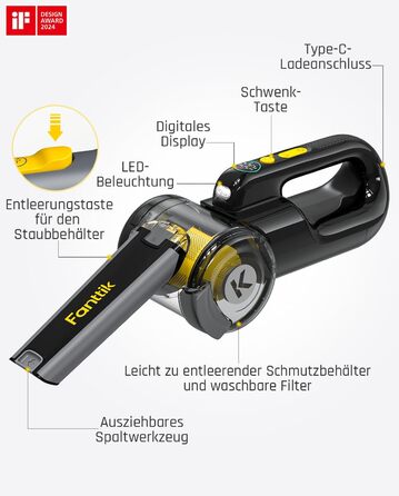 Акумуляторний ручний пилосос Fanttik Fold V10 APEX Pivot для авто та дому, потужність 17 000 Па, LED-дисплей, з гнучким шлангом та щіткою для шерсті тварин