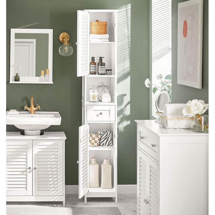SoBuy FRG236-W Високий шафа для ванної кімнати, білий, 32x170x30 см, з відкритою полицею, шухлядою та дверцятами