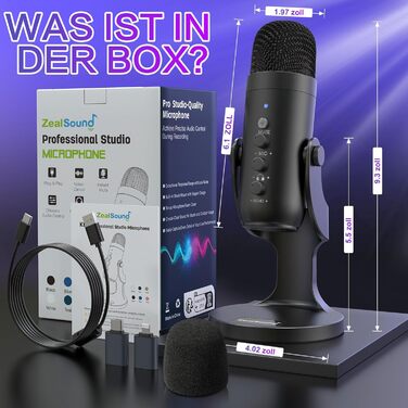Zealsound USB конденсаторний мікрофон для ПК, смартфонів, PS4/PS5, подкастів, стрімінгу, запису, ASMR, з функціями Mute, Gain, Echo, адаптером для телефону, сумісний з Mac і Windows
