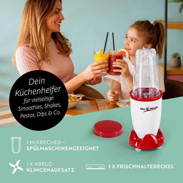 GOURMETmaxx блендер-смузі мейкер 250Вт, 4в1, 500мл, електричний міні міксер з 9 функціями, BPA-free, чашка To-Go, білий-червоний