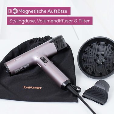 Фен Beurer HC 100 Excellence з потужним цифровим мотором, іонізацією, швидким сушінням до 20% швидше, тихий, легкий, з дифузором для об'єму, преміум для блискучого волосся
