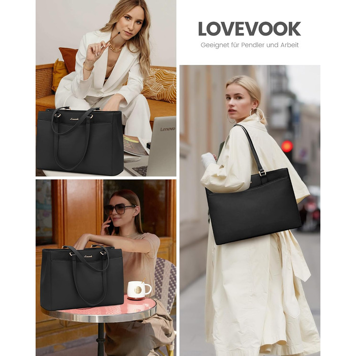 Жіноча сумка для ноутбука LOVEVOOK 15.6 дюймів, стильна шкіряна сумка-тоут чорного кольору