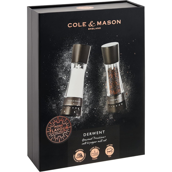 Набір ручних млинків для солі та перцю Cole & Mason Derwent Precision+, нержавіюча сталь та акрил, Gunmetal Grey (темне дерево), 190 мм, 2 шт.