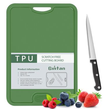 Дошка обробна Gintan 2 шт., гнучка TPU, без BPA, з жолобом для рідини та ножа, антиковзка, сіра + зелена (темно-зелений)