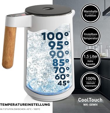 Електричний чайник BALTER з регулюванням температури, 1.5L, 2200W, нержавіюча сталь, без BPA, подвійні стінки, сірий