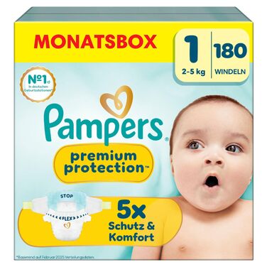 Підгузки Pampers Premium Protection розмір 1 (2-5 кг), пачка 180 шт, на липучках