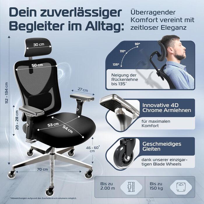 Офісний стілець CleverSeat Ergonomisch - регульований, для дому та геймінгу, до 150 кг (Чорний)