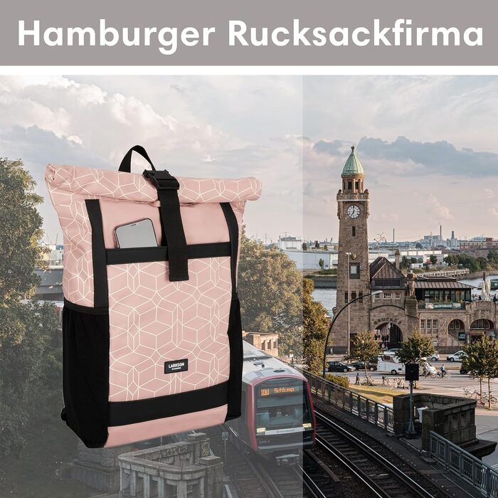 Жіночий рюкзак LARKSON Rolltop No 2, великий, рожевий з візерунком, для школи, університету, велосипеда, з відділенням для 16'' ноутбука, водовідштовхувальний, антивикрадний, екологічний