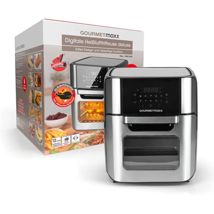 Електрична аерофритюрниця GOURMETmaxx 12 л, нержавіюча сталь, XXL, 1800 Вт, з таймером, сенсорним дисплеєм, 10 програм, для здорового приготування, чорна