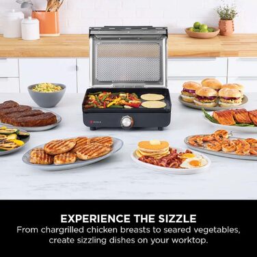 Електричний гриль Ninja Sizzle з антипригарним покриттям та плоскою поверхнею, 1460 Вт, з кришкою та піддоном для жиру
