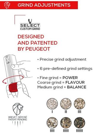 Набір електричних млинків для солі та перцю PEUGEOT Line u‘Select 15 см, акумуляторні, 6 рівнів помолу, сталь та карбон