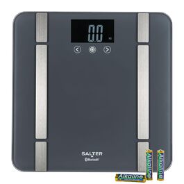Розумні ваги Salter SA00432GFEU6 для ванної кімнати, Bluetooth, 200 кг, аналіз жиру, води, м’язової та кісткової маси, ІМТ, БМР, 8 користувачів, синхронізація з додатком Salter Health, сірі