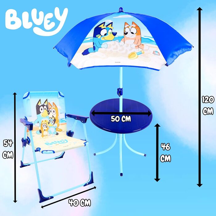 Дитячий набір меблів Bluey & Bingo з столом та 2 стільцями, парасолькою – для саду, пляжу, дому