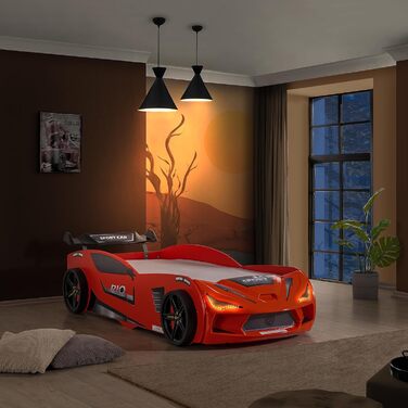 Дитяче автоліжко Aileenstore Rio 90x200, червоне, з LED-підсвіткою та спойлером, без матраца, без спортивних сидінь