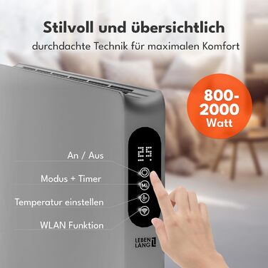 Електричний обігрівач-радіатор LEBENLANG 2000W з WiFi та керуванням через додаток, енергоощадний, сірий