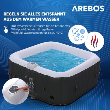Надувний SPA басейн Arebos 154x154 см, 4 особи, 100 гідромасажних форсунок, для дому та вулиці, квадратний, 600 л, з підігрівом