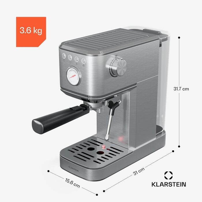 Еспресо-машина Klarstein SteelPresso Slim, 20 Бар, 1350 Вт, нержавіюча сталь, 1,2 л, з паровою насадкою, компактна, проста у використанні