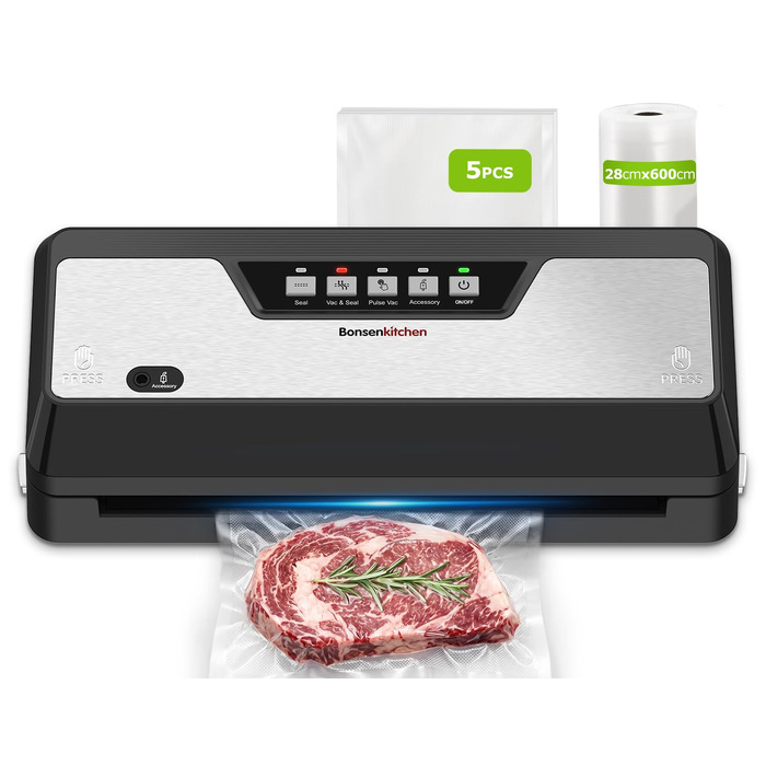 Вакууматор для продуктів Bonsenkitchen VS3019, 125 Вт, з вбудованим різаком, глянцевий чорний