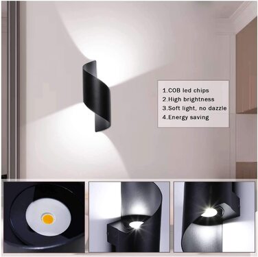Світильник Lightess 12W LED для внутрішнього та зовнішнього освітлення, чорний, настінний, сучасний дизайн, IP66, алюміній, холодне біле світло, для коридору, сходів, вітальні, спальні
