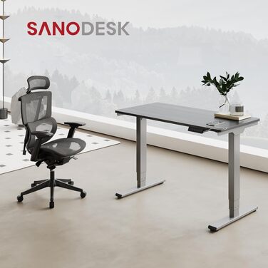 Регульований по висоті письмовий стіл SANODESK 120×80 см, електричний стіл для роботи стоячи та сидячи, два двигуни, USB-порт, пам'ять позицій та захист від зіткнень (Сірий + Чорний)