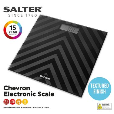Цифрова вага для ванної Salter SA00287, скло, 180 кг, чорний Chevron, LCD-дисплей, батарейки, миттєве вимірювання