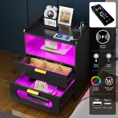 Розумна тумба Lvifur з LED-підсвіткою RGB, 2 шухляди, сенсор, бездротова та USB зарядка, чорний глянець