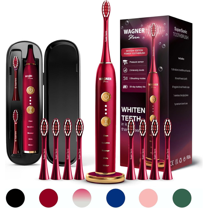 Електрична зубна щітка Wagner Stern WHITEN+ Edition з датчиком тиску, 5 режимів чищення та 3 рівні інтенсивності, 8 насадок, преміум-чохол, зелений (червоний)