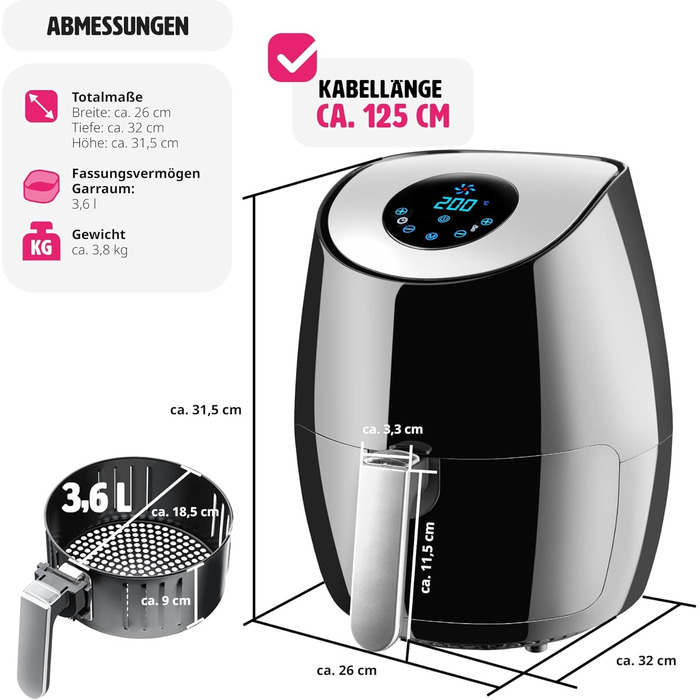 tectake® Аерофритюрниця (Airfryer) 3,6 л, сенсорний дисплей, 7 програм, без масла і жиру, підходить для посудомийної машини, з аксесуарами та кулінарною книгою, чорна