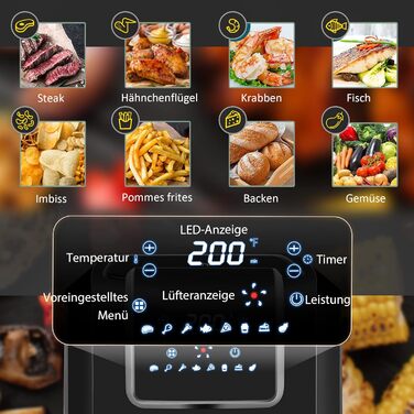 Аерофритюрниця HOMCOM 6,5 л, 1700 Вт, 8 програм, LED-дисплей, антипригарний кошик, для здорового приготування без олії, чорна