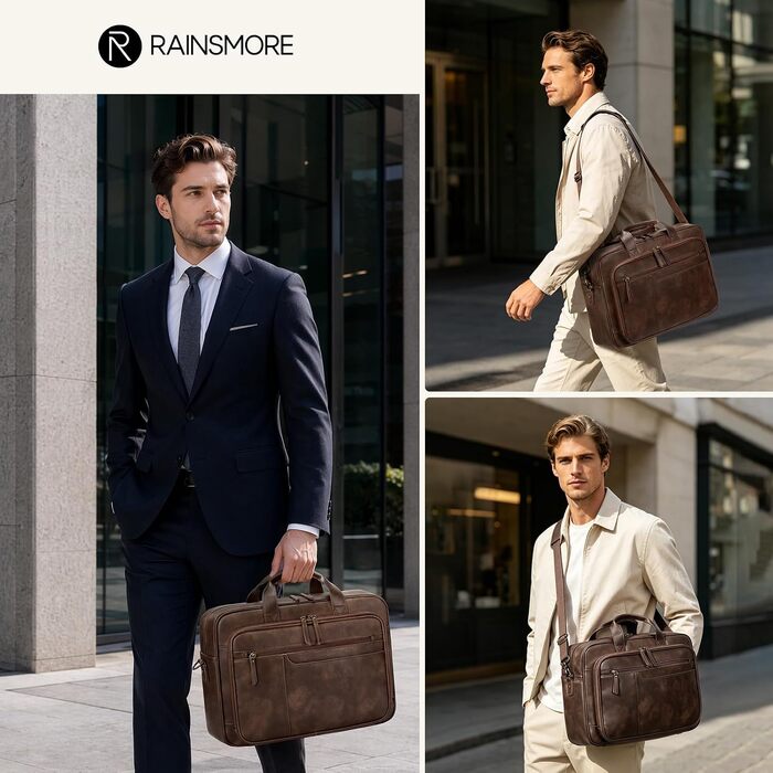 Чоловіча ділова сумка-портфель RAINSMORE Vintage з екошкіри для ноутбука 16 дюймів, коричнева
