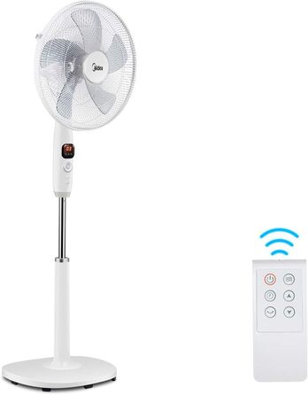 Вентилятор підлоговий Midea FS40-16CR з DC-мотором, 12 швидкостей, тиха робота 27 дБ, дистанційне керування, LED-дисплей, таймер 12 год, 4 режими, енергозбереження, 5 лопатей, регульована висота, білий