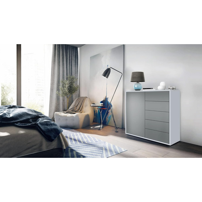 Комод Vladon Ben V2, 79x74x36 см, 1 дверцята, 5 шухляд, білий матовий/авола-антрацит, Німеччина