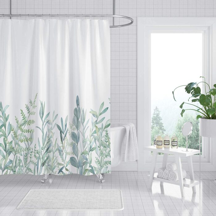 Душова штора M&W DAS DESIGN із зеленими листям і квітами, текстильна, антимікробна, водонепроникна, для ванної, з 12 кільцями, 240x200 см