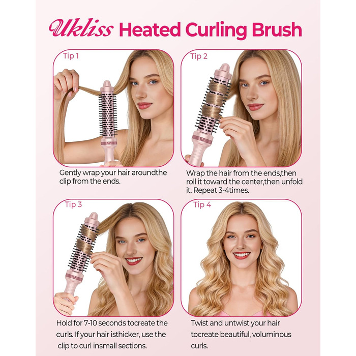 UKLISS Hairstyler 5 в 1: Фен-щітка, стайлер для волосся, плойка, насадки для об'єму та випрямлення (Класичний Рожевий)