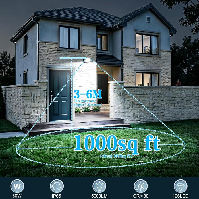 Стіна LED-ліхтар ledmo 60W зовнішній, панель 360°, IP65, 5000LM, регульований кут нахилу, водонепроникний, чорний, 6000K