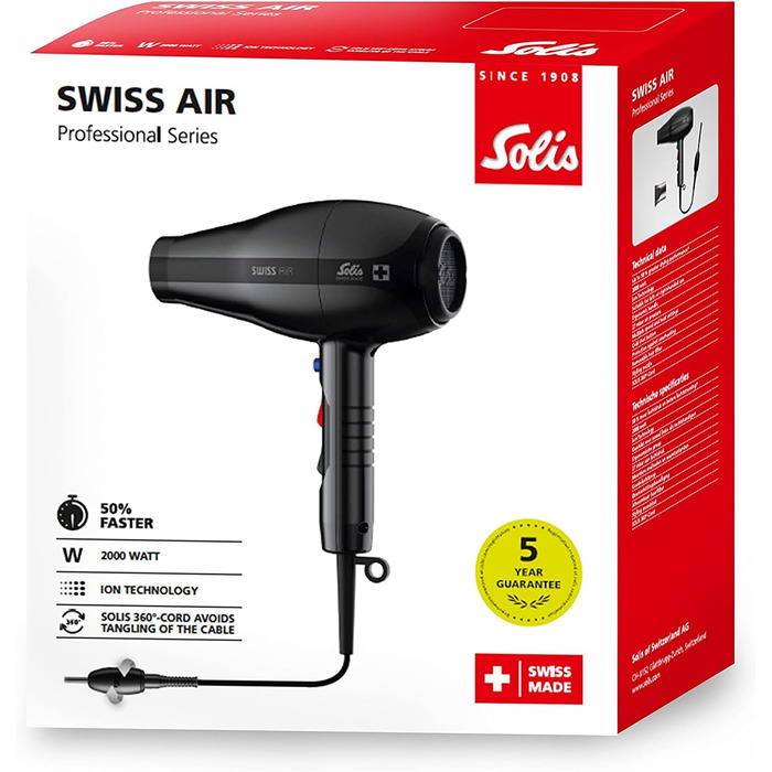 Фен Solis Swiss Air 3802 з холодним повітрям, 2 режими нагріву, знімний фільтр, петля для підвішування