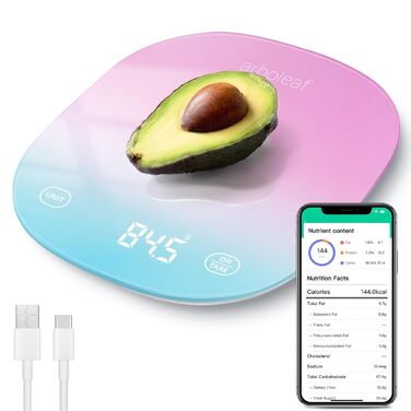 Цифрова кухонна вага Arboleaf 10 кг з додатком, підрахунком калорій, USB-зарядкою, Bluetooth, LED-дисплеєм, точність 0,5 г, із загартованого скла (кольорова)