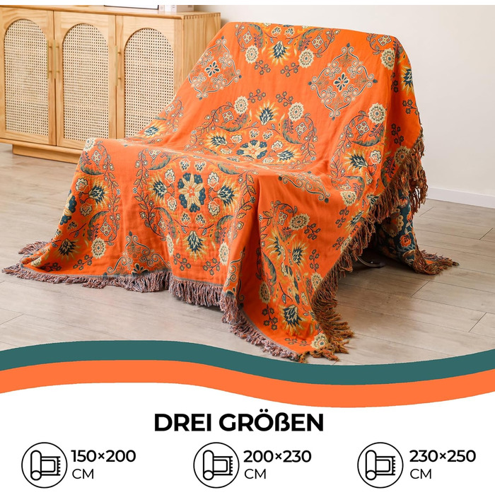 HOORDRY плед з бавовни двосторонній Boho, покривало з китицями 230×250 см, м'яка тепла ковдра для дивану, ліжка чи крісла, зелено-оранжева