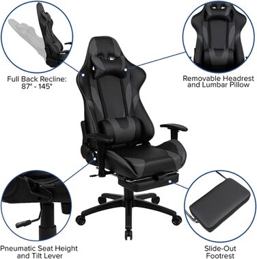 Ігрове крісло Flash Furniture X30, ергономічне, з повністю регульованою спинкою та висувною підставкою для ніг, LeatherSoft, сіре, стиль автоспорт, 1 шт.