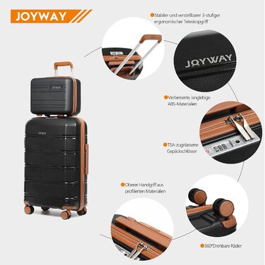 Набір валіз Joyway 5шт з жорстким корпусом, 4 колеса та TSA-замок. В комплекті: косметичка та сумка. Чорний/коричневий колір.