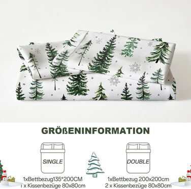 Комплект зимової постільної білизни WONGS BEDDING з новорічним принтом (Санта-Клаус), м'яка мікрофібра, 200x200 см, зелений з ялинкою (підковдра та наволочка 80x80 см)