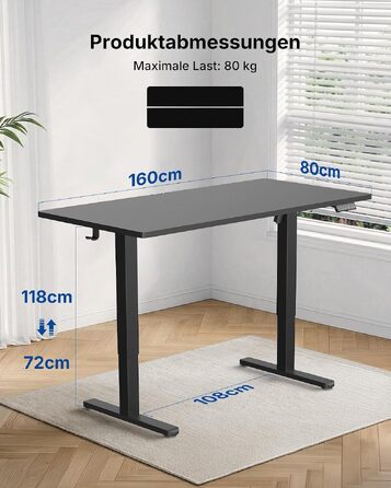 Регульований стіл HUANUO 160x80 см з USB-C/USB-A зарядкою, чорний. Висота 72-118 см, 4 режими пам'яті, кабель-менеджмент