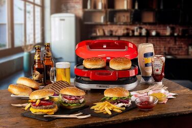 Ariete Hamburger Maker Party Time 205 – електричний сендвіч-мейкер та гриль з антипригарними пластинами, 1200 Вт, для бургерів, червоний