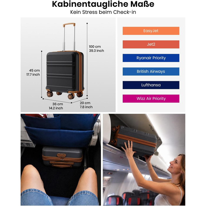 Валіза для ручної поклажі KONO (ABS+PC), жорстка Kabinenkoffer 52x38x21 см для Lufthansa, Eurowings, EasyJet, легка дорожня валіза з колесами та TSA замком, чорно-коричнева