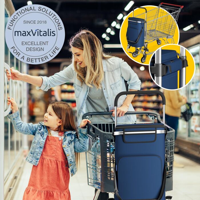 Сходовий візок для покупок maxVitalis з ізотермічним відділенням, складаний, регульований, з рефлекторами, знімна сумка 43 л, колір синій